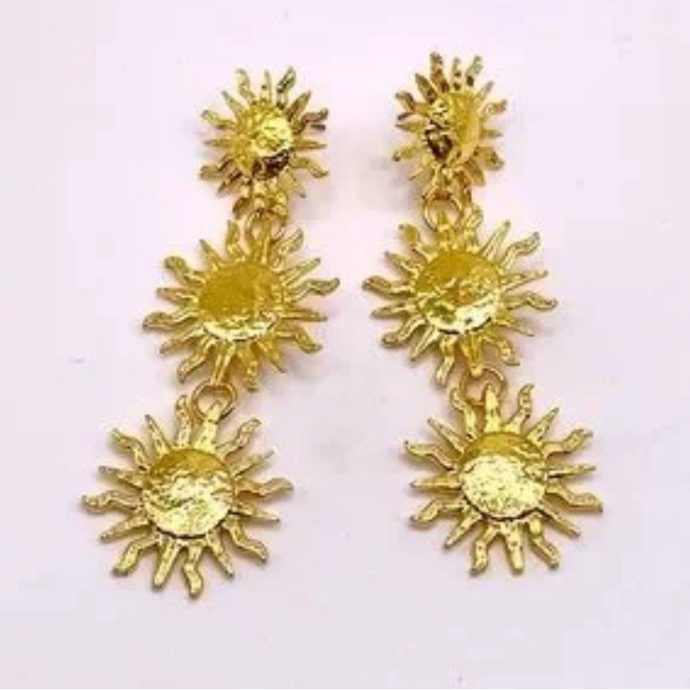 Gold Triple Sun Earrings - Picture 7 of 14